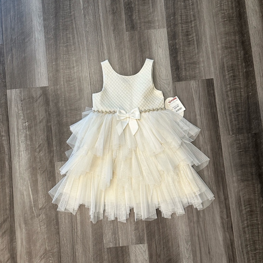 Girls Ivory Tulle Party Dress w/Bow & Rhinestone Waistband, NWT